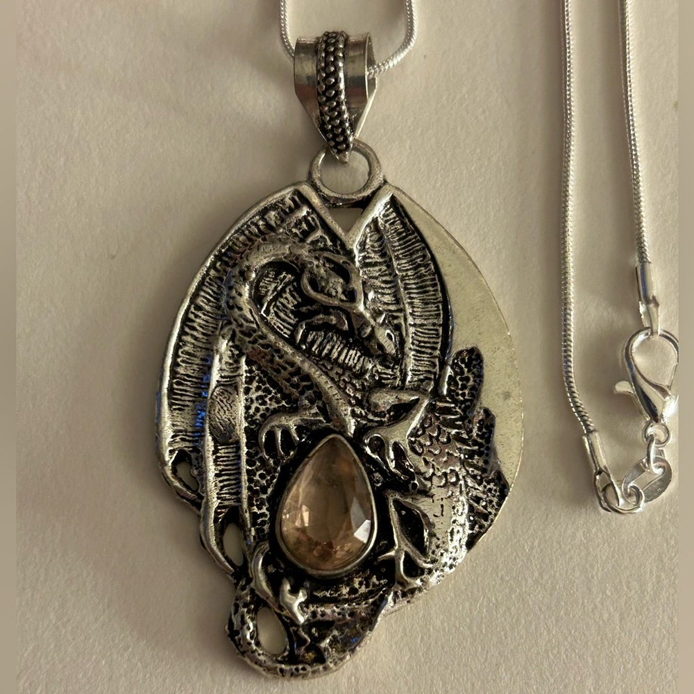 NWOT necklace Dragon w Faceted Rose Quartz teardrop .925 Sterling Silverplate